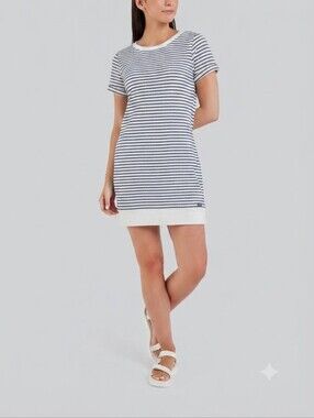 Sz S FIG 100% Cotton Striped Knit T-Shirt Dress with Pockets - White and Navy